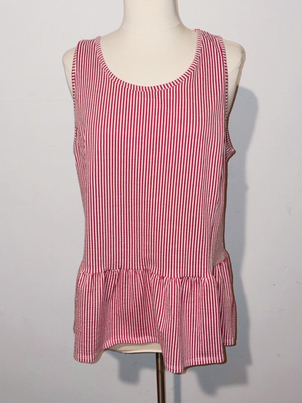 Washed Red Striped Cotton Blend Sleeveless Peplum Top - Cato, NEW